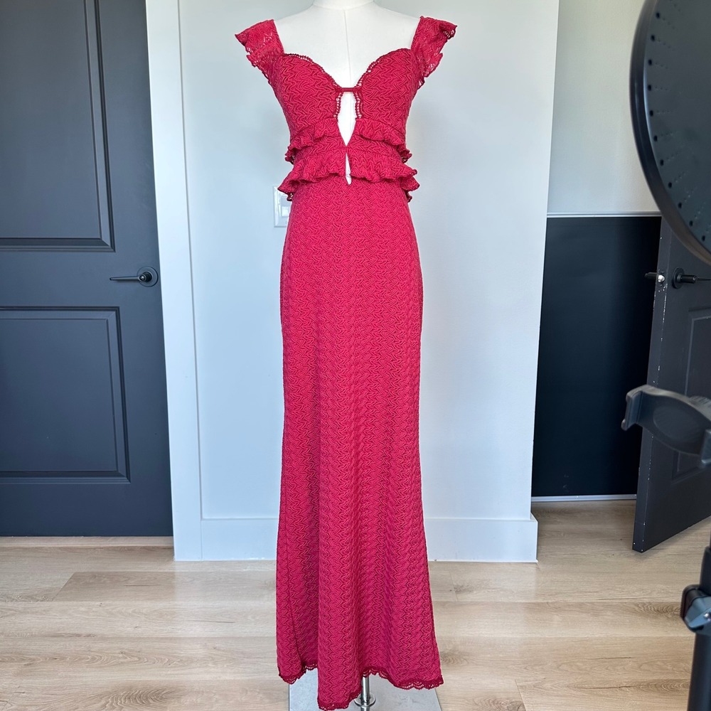 Red Lace Column Maxi Dress Cutout Peplum Ruffled Sleeves Romantic Feminine Sz L - Picture 2 of 9
